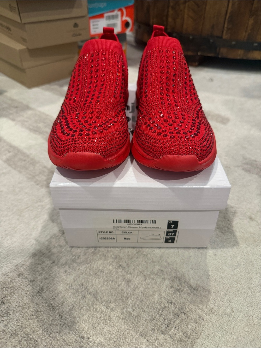 Red Slip-On Crystal Knit Women's Sneakers